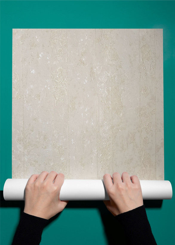 کاغذدیواری بافتدار طرح پتینه راهدار ستونی در رنگهای کرم آبی، کرم طلایی، صدفی بژ و نقرهای