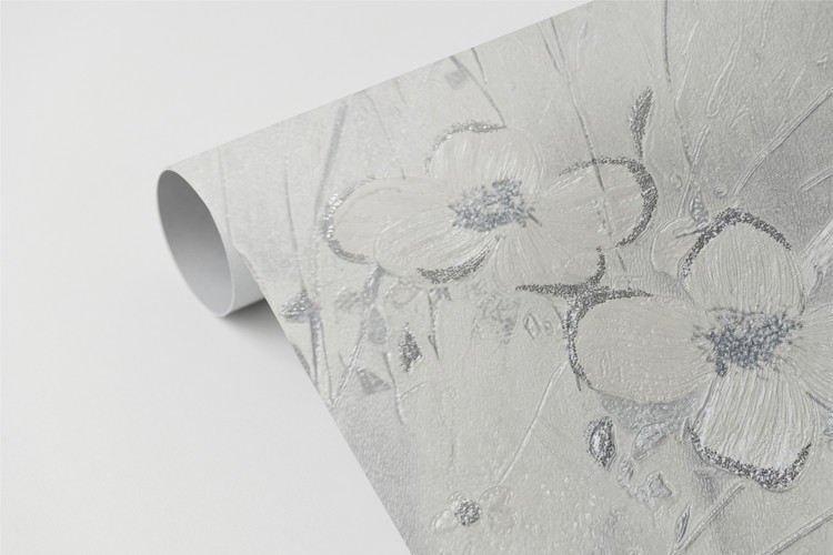کاغذدیواری طرح گل زمینه پتیه نقره ای