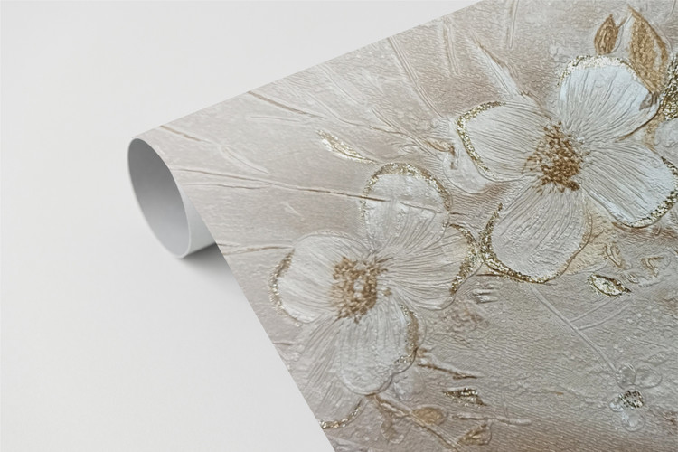 کاغذدیواری طرح گل زمینه پتیه کرم طلایی