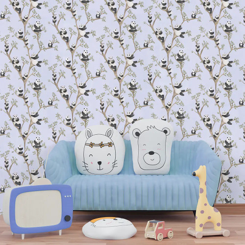 کاغذ دیواری فانتزی اتاق کودک با طرح پاندای خوابالو در جنگل بامبو.