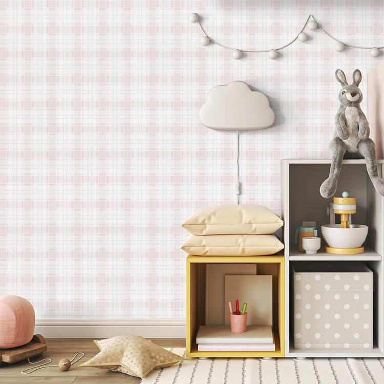 نمای دکوراسیون اتاق کودک با کاغذ دیواری چهارخونه آبی و سفید مینیمال