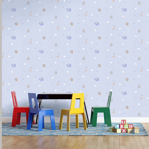 نمای اتاق کودک با کاغذ دیواری طرح حیوانات باغ وحش شامل فیل، زرافه و شیر