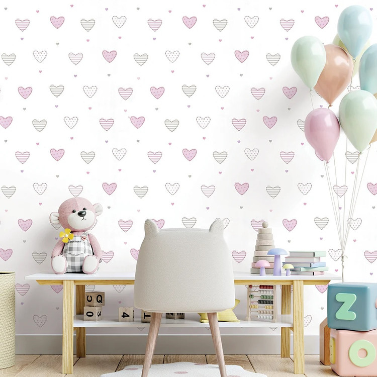 نمای نزدیک از کاغذ دیواری دخترانه با طرح قلب گرافیکی