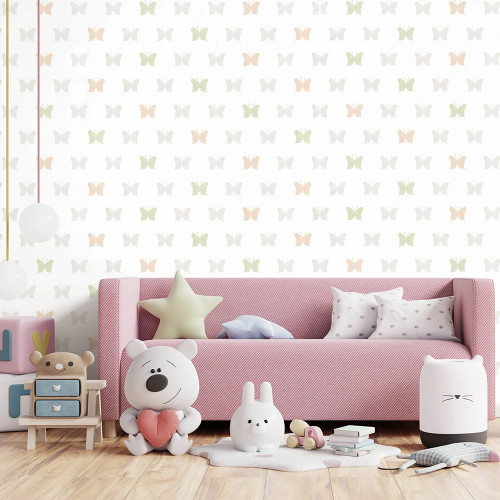 نمای اتاق دخترانه با کاغذ دیواری سفید و الگوی پروانههای صورتی