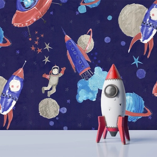 کاغذ دیواری اتاق کودک طرح فضانورد کوچک و منظومه شمسی