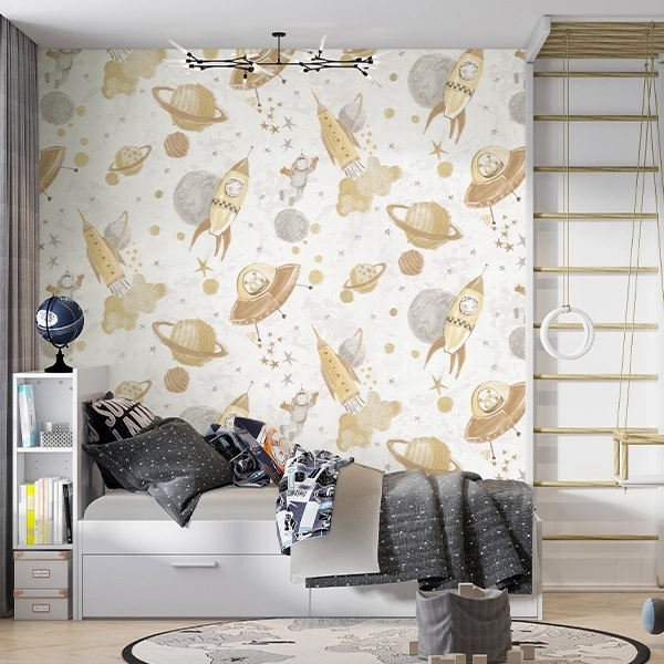 کاغذ دیواری اتاق کودک طرح فضانورد کوچک و منظومه شمسی