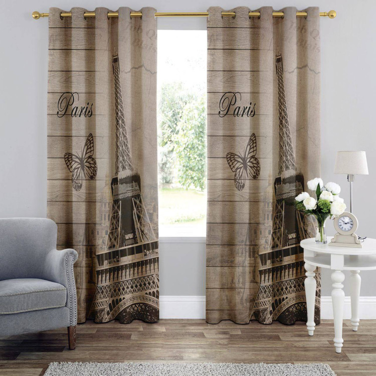 پرده پانچی چاپی با نمای برج ایفل پاریس در یک اتاق خواب مدرن با تم رنگی طوسی و سفید.