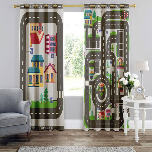 پرده چاپی با طرح نمای از بالای شهر کارتونی، جادهها و خانههای رنگی بامزه در اتاق خواب کودک.