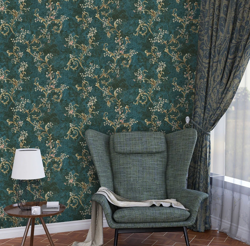 نما از کاغذدیواری با طرح گلهای رونده شایندار و شاخههای ظریف اکلیلی