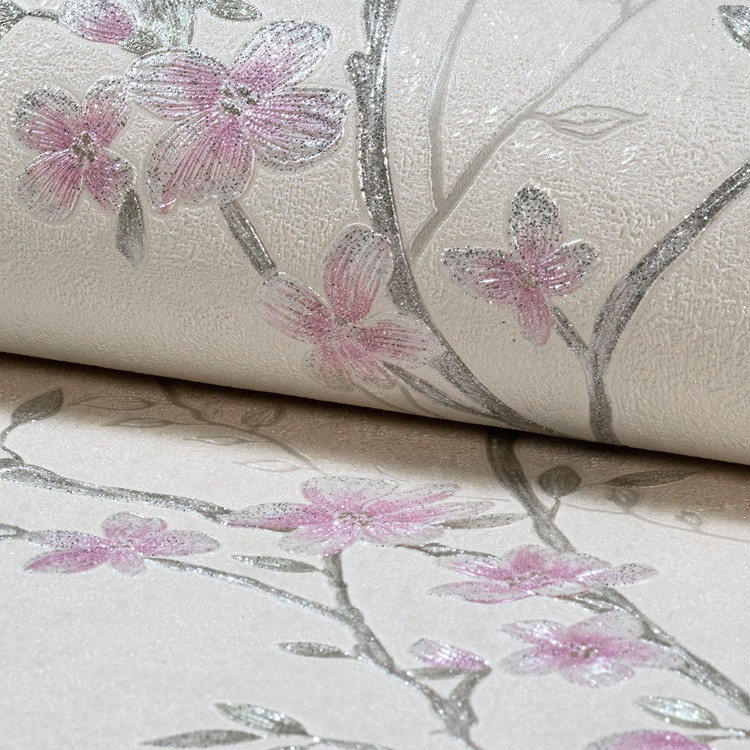 نمای کامل از کاغذدیواری طرح شکوفه با شاخههای قهوهای عمودی و گلبرگهای شایندار در دو رنگ صورتی و سبز ملایم