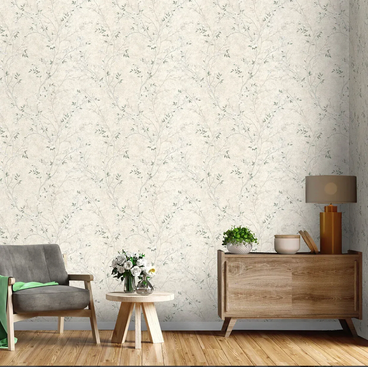 نمای کامل از کاغذدیواری طرح شکوفه با شاخههای قهوهای عمودی و گلبرگهای شایندار در دو رنگ صورتی و سبز ملایم