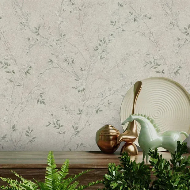 نمای کامل از کاغذدیواری طرح شکوفه با شاخههای قهوهای عمودی و گلبرگهای شایندار در دو رنگ صورتی و سبز ملایم