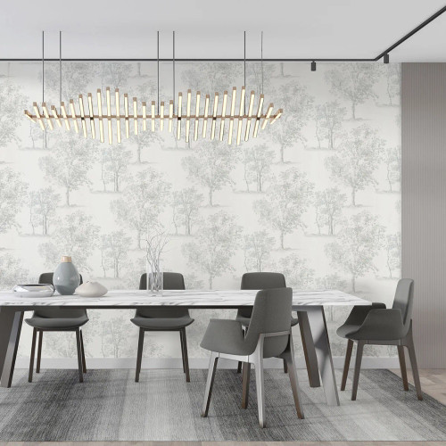 آلبوم کاغذدیواری طرح درخت و درختچه شایندار در سه طیف رنگی سفید صدفی، کرم استخوانی و مشکی ذغالی با بافت پتینه