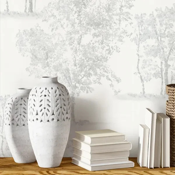 آلبوم کاغذدیواری طرح درخت و درختچه شایندار در سه طیف رنگی سفید صدفی، کرم استخوانی و مشکی ذغالی با بافت پتینه