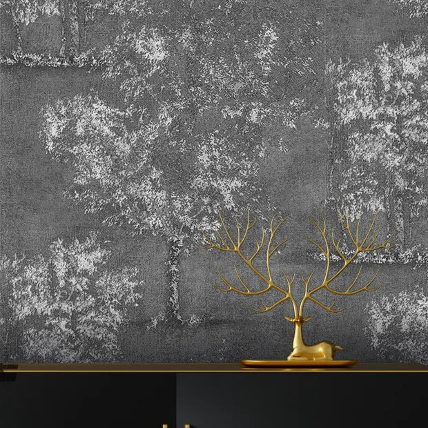 آلبوم کاغذدیواری طرح درخت و درختچه شایندار در سه طیف رنگی سفید صدفی، کرم استخوانی و مشکی ذغالی با بافت پتینه