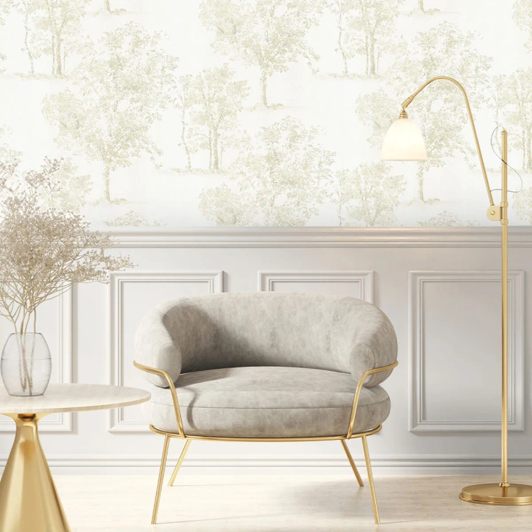 آلبوم کاغذدیواری طرح درخت و درختچه شایندار در سه طیف رنگی سفید صدفی، کرم استخوانی و مشکی ذغالی با بافت پتینه