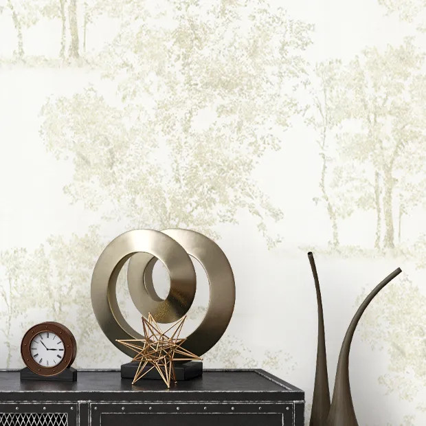 آلبوم کاغذدیواری طرح درخت و درختچه شایندار در سه طیف رنگی سفید صدفی، کرم استخوانی و مشکی ذغالی با بافت پتینه