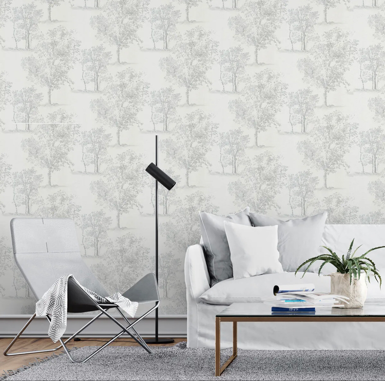 آلبوم کاغذدیواری طرح درخت و درختچه شایندار در سه طیف رنگی سفید صدفی، کرم استخوانی و مشکی ذغالی با بافت پتینه