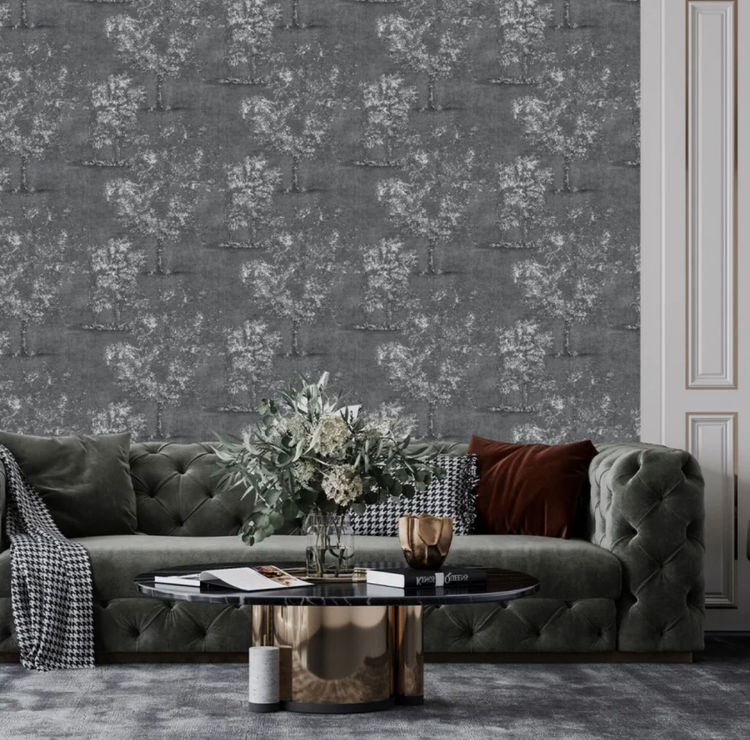 آلبوم کاغذدیواری طرح درخت و درختچه شایندار در سه طیف رنگی سفید صدفی، کرم استخوانی و مشکی ذغالی با بافت پتینه