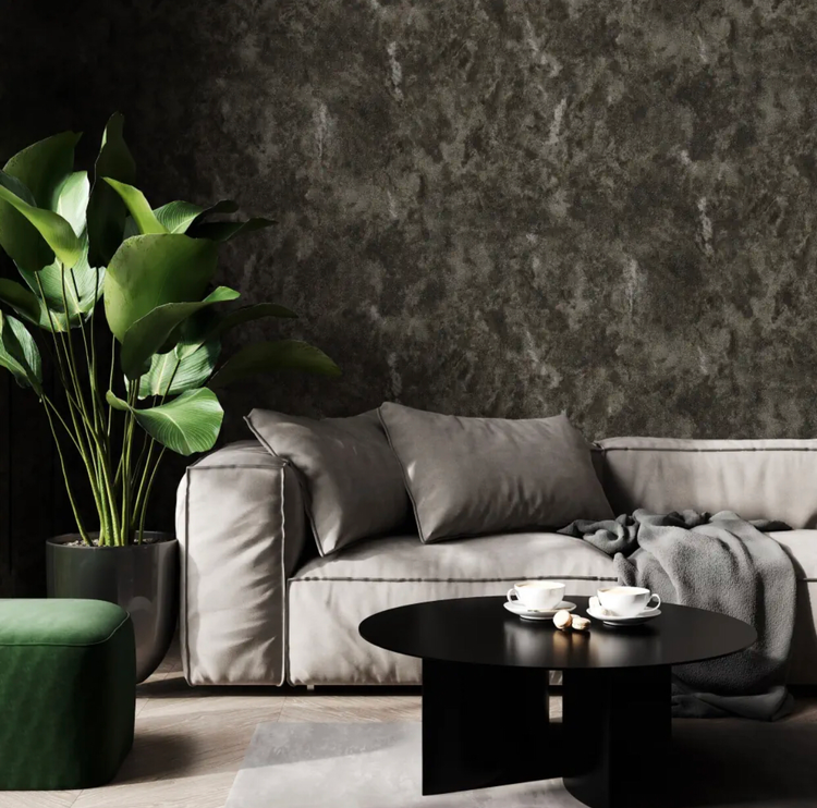 کاغذدیواری مشکی بافتدار با اکلیلهای ریز نقرهای و هالههای دودی محو در پسزمینه