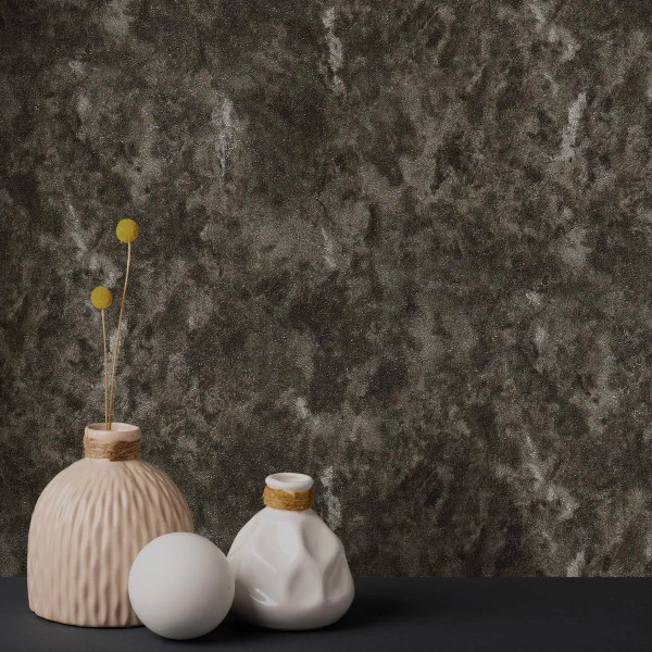 کاغذدیواری مشکی بافتدار با اکلیلهای ریز نقرهای و هالههای دودی محو در پسزمینه