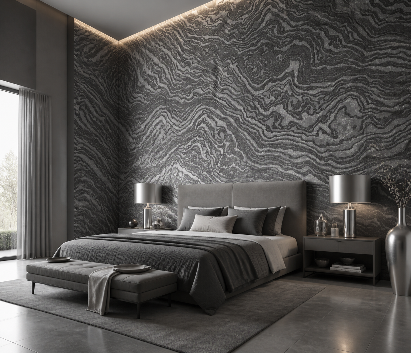 کاغذ دیواری PVC طرح مدرن / طوسی نقره ای