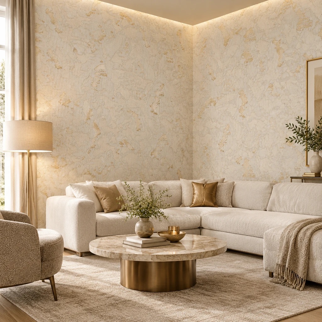 کاغذ دیواری قابل شستشو طرح ایکیا طرح پتینه مدرن/ کرم طلا کوب